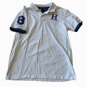 Tommy Hilfiger Polo Boys L Big Logo White Navy H Rugby Style Y2K #8 Sleeve 16/18
